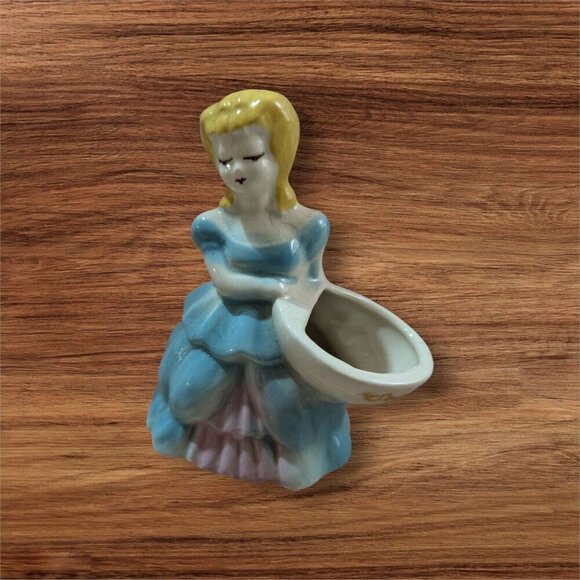 Vintage Ceramic Lady Southern Belle  Figurine Planter Blue Dress 6"  Pencil pen - Picture 1 of 13